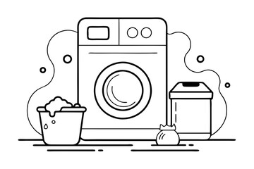 Laundry Day Line Drawing Washing Machine and Hamper Art
