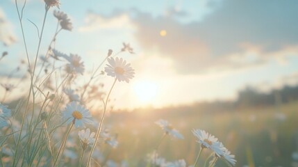 White daisies in a field with a sunset in the background.
