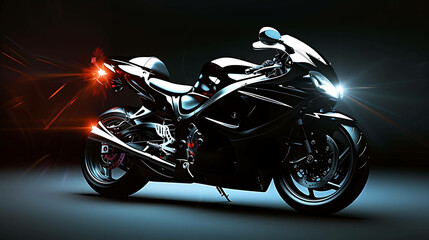 Fototapeta premium Black motorcycle on a dark background with glowing headlights and taillights.