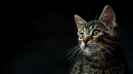 A cute tabby kitten with wide eyes looks up curiously against a dark background.