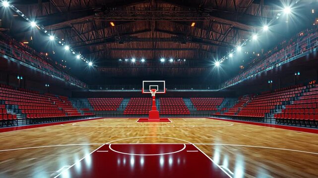 A basketball court stands empty in a brightly lit arena, ready for the next game