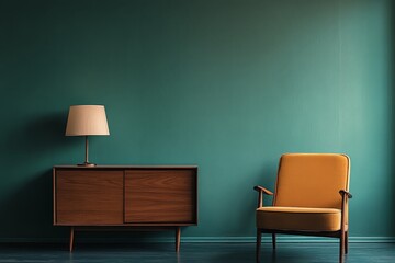 Cozy living room corner featuring a yellow chair, wooden cabinet, and lamp against a teal wall