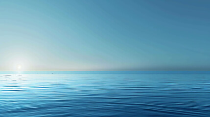 Fototapeta premium Deep blue ocean with a clear blue sky and a bright sun in the distance. The water is calm and there are no waves.