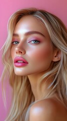 Fototapeta premium Portrait of a young woman with soft makeup against a pink background capturing summer vibes