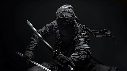A ninja, dressed in all black, is poised to attack. His face is hidden by a mask, and his eyes are narrowed in concentration.