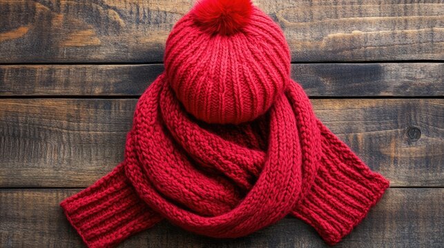 Cozy Red Winter Set - Knitted Hat and Scarf on Rustic Wooden Background