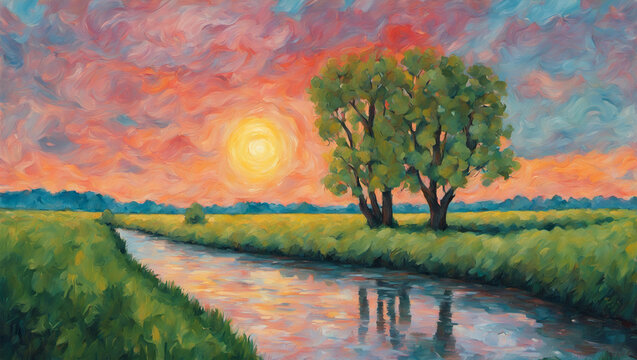 Post impressionism painting of a setting sun over a canal