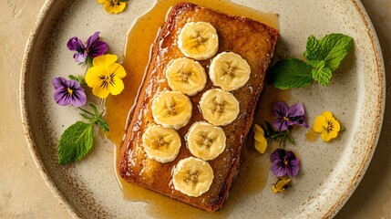 Fototapeta premium Banana bread with a honey glaze and sliced bananas on top, isolated on a beige ceramic plate, with edible flowers and fresh mint