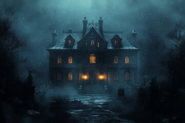 Obraz premium A haunted house surrounded by flames at night with eerie glowing windows in a dark environment