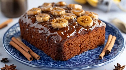 Banana bread with caramelized banana topping, on a blue porcelain plate, surrounded by whole cloves and cinnamon sticks