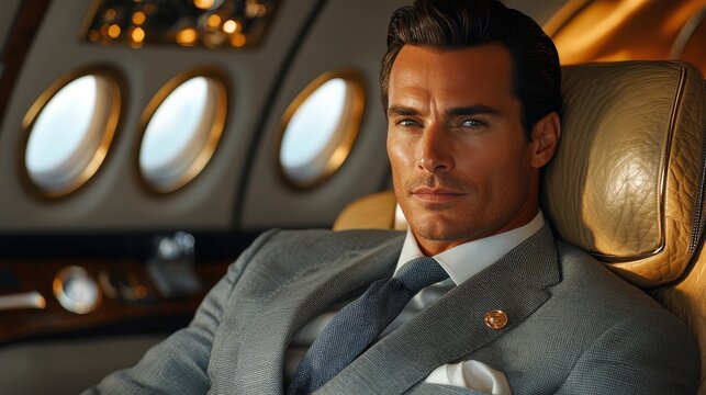 A businessman relaxing in a private jet cabin during a flight in the afternoon light