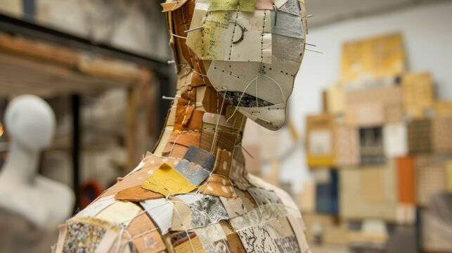 Close up view of a dress form covered in various fabrics and materials, suggesting the experimental approach of a textile artist working in their studio