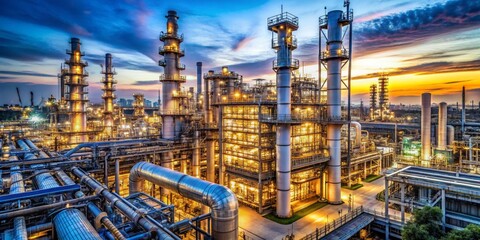 Naklejka premium Dusk Elegance Magnificent Industrial Complex at Twilight - Towering Cylinders, Vibrant Sunset Colors, City Skyline Backdrop Industrial Grandeur Photography