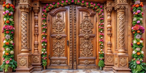 Fototapeta premium Elegant Grand Wooden Doorway with Floral Adornments in Warm Earthy Tones Symmetrical Design for Luxurious Entrance Historical Architecture Inspiration