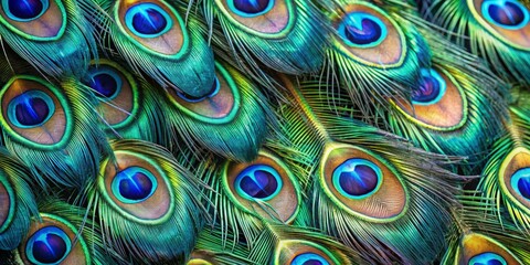 Ethereal Elegance Mesmerizing Macro View of Peacock Tail Feathers in Vibrant Colors, Intricate Patterns, and Depth of Field for Luxurious Designs and Nature Enthusiasts