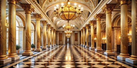 Obraz premium Gilded Opulence Majestic Golden Hall with Ornate Columns and Luxurious Architecture, Romantic Lighting, Perfect for Luxury Design Concepts and Architectural Inspiration