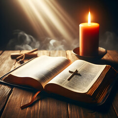 eine aufgeschlagene bibel mit einem kreuz auf einem holztisch und einer kerze und lichtstrahlen  im hintergrund