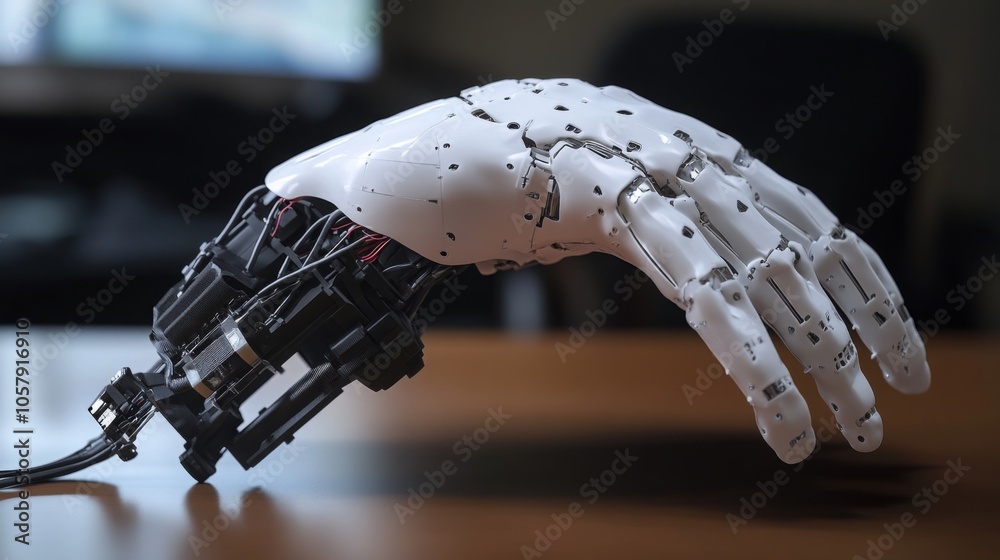 Poster an advanced robotic hand lies on a wooden table, displaying its intricate design and mechanics.