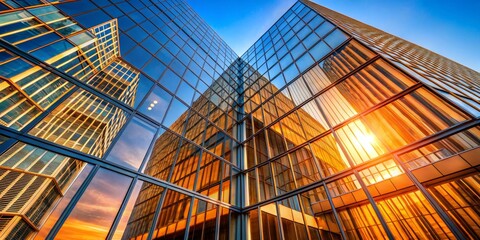 Golden Sunset Elegance Modern Glass Towers in Triangular Harmony - Urban Architectural Beauty at Dusk