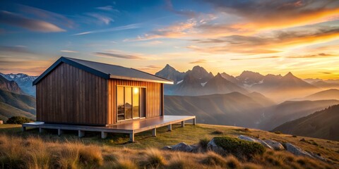 Fototapeta premium Golden Sunset Retreat Modern Wooden Cabin Amid Majestic Mountain Range - Tranquil and Serene Nature Escape