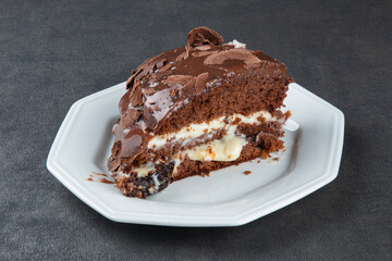 Piece of homemade cake with chocolate frosting on a gray background