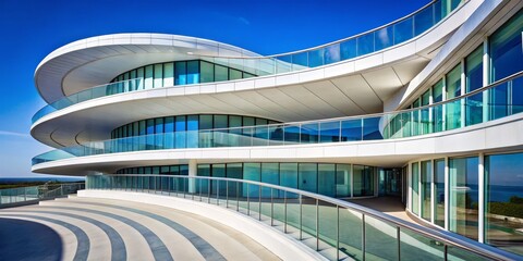 Majestic Curved Building Facade Modern Design Elegance in Blue Sky Perspective - Architectural Beauty with Glass Reflections and Luxury Balconies