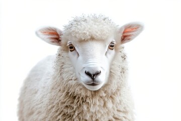 Fototapeta premium A close up of a fluffy white sheep with a gentle expression on a white background