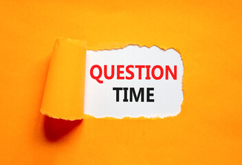 Question time symbol. Concept words Question time on beautiful white paper. Beautiful orange paper background. Business and question time concept. Copy space.