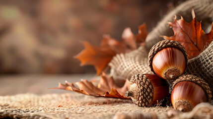 Obraz premium rÃºstica mesa de madera con hojas de arce secas y bellotas marrones sobre fondo borroso marrÃ³n