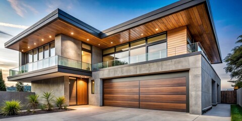 Fototapeta premium Modern Two-Story House Exterior with Warm Wooden Entrance Door in Lush Surroundings - Tranquil Luxury Living Concept