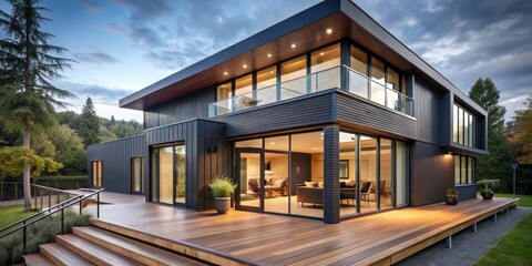 Modern Two-Story House with Inviting Deck in Lush Forest Setting Luxurious Architectural Design in Tranquil Natural Surroundings