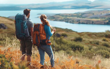 Happy couple hiking with backpacks on a hill enjoying