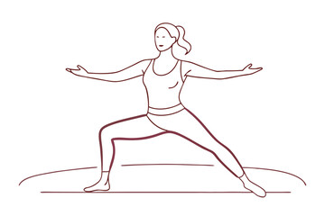 Warrior Pose in Focus Elegant Line Drawing of a Woman Practicing Yoga