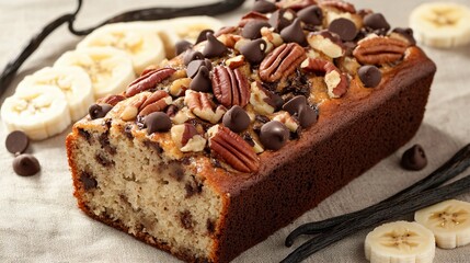 Golden banana bread with pecans and chocolate chips on a beige linen, with fresh banana slices and vanilla beans