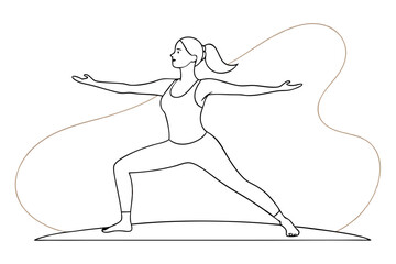 Warrior Pose in Focus Elegant Line Drawing of a Woman Practicing Yoga