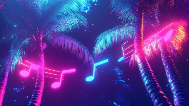 A vibrant retro-style banner featuring Miami Beach with colorful palm trees set against a neon-lit backdrop. 