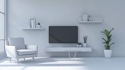 Fototapeta premium A modern minimalist living room featuring a sleek gray armchair, a simple table, a wall-mounted television, and open shelves, all set against a light, neutral background.