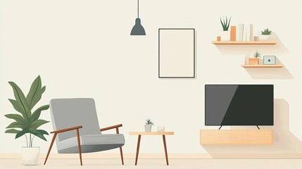 A modern minimalist living room featuring a sleek gray armchair, a simple table, a wall-mounted television, and open shelves, all set against a light, neutral background.