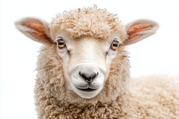 Fototapeta premium A close up of a fluffy white sheep with a gentle expression on a white background