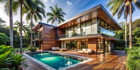 Fototapeta premium Serene Luxury Retreat Modern Architectural Masterpiece Amidst Tropical Oasis - Tranquil Elegance for Real Estate, Travel, and Lifestyle