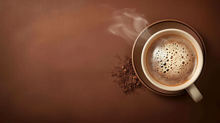 Top view of a cup of coffee on a brown table. The coffee is steaming and there is a small amount of coffee powder spilled on the table.