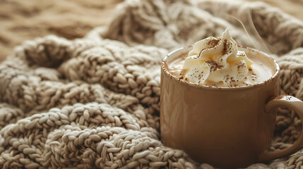 Cup of hot chocolate with whipped cream and cocoa powder on a cozy beige knitted sweater. Comforting and hygge concept.