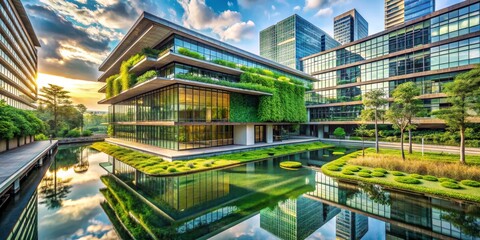 Fototapeta premium Sustainable Urban Oasis Modern Glass Building with Green Roof and Reflective Water Features in Lush Courtyard Setting Tranquil Architectural Harmony