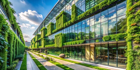 Sustainable Urban Oasis Captivating Green Facade of Modern Architecture with Reflecting Pool, Harmonious Blend of Nature and Design