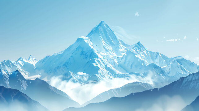 The image is of a snow-capped mountain peak. The sky is clear and blue, with a few clouds dotting the horizon.