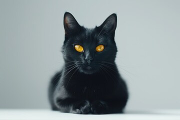 Obraz premium Elegant Black Cat with Piercing Yellow Eyes in Minimalist Studio Portrait