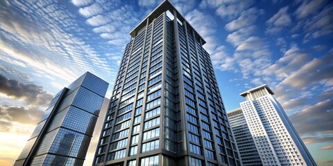 Naklejka premium Urban Elegance Dynamic Closeup of Modern Skyscrapers Amid Wispy Clouds on a Blue Sky - Luxury Urban Architecture Photography
