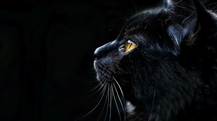 A black cat is sitting in the dark. The cat's eyes are glowing yellow, and its fur is sleek and shiny.