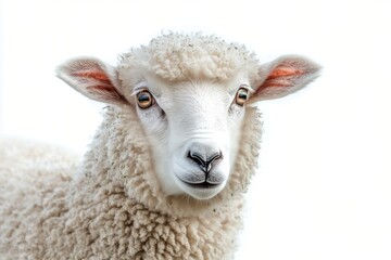 Fototapeta premium A close up of a fluffy white sheep with a gentle expression on a white background