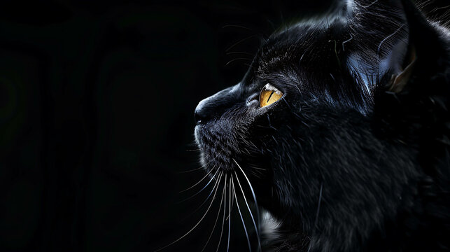 A black cat is sitting in the dark. The cat's eyes are glowing yellow, and its fur is sleek and shiny.